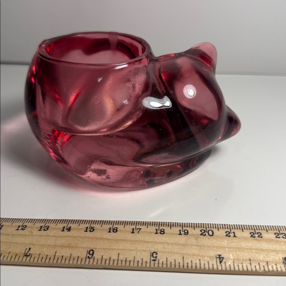Vintage cranberry Cat Tealight sleeping votive candle Indiana Glass Company - Picture 2 of 2